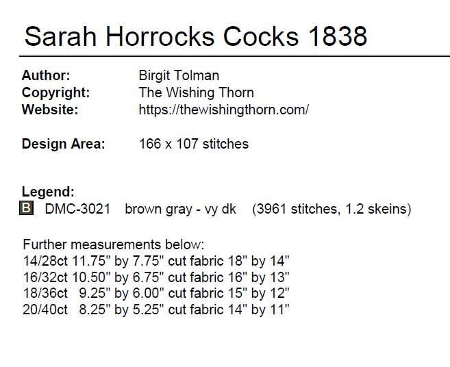 Sarah Horrocks Cocks 1838 Sampler Pattern
