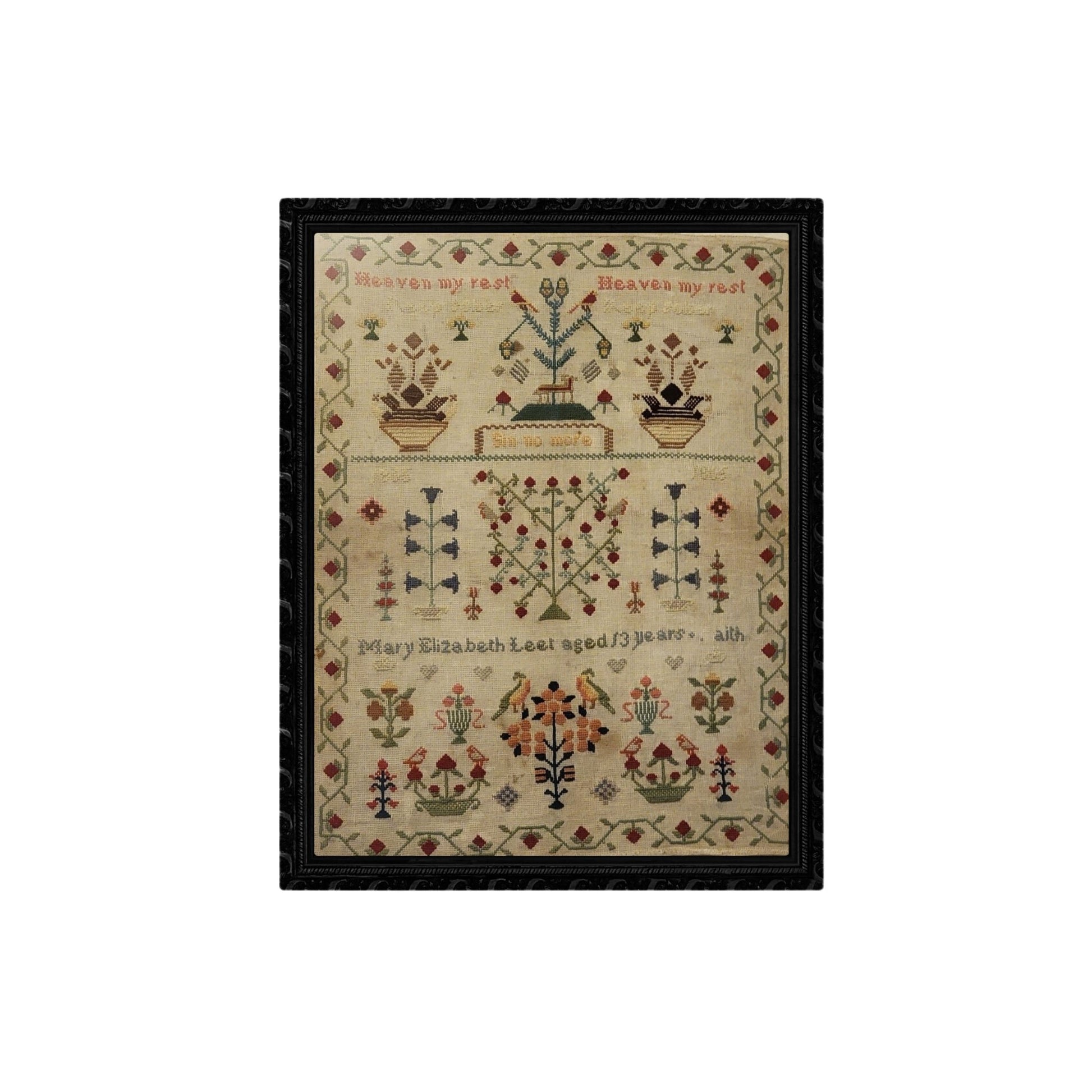 antique sampler stitched by Mary Elizabeth Leet in 1865 using wool on canvas